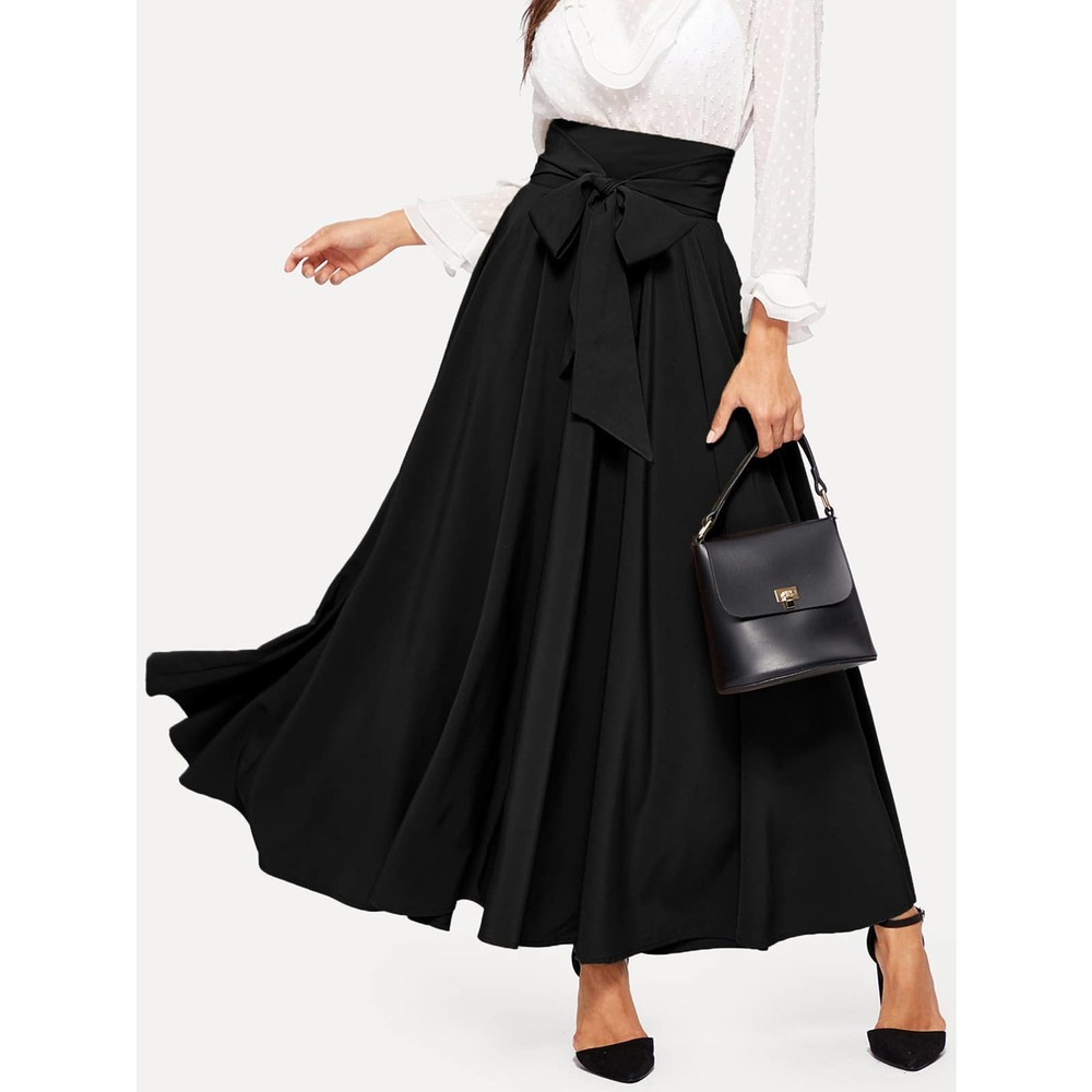 High Waist Zip Back Knotted Swing maxi Skirt black